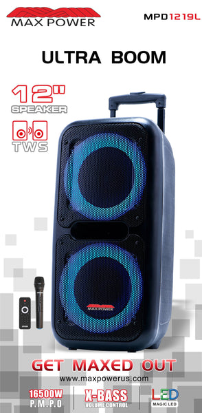 Max Power Karaoke Speaker - UltraBoom-10 MPD109XB Bluetooth Subwoofer with  Colorful LED Party Lights - Easy to Carry Portable PA System with Built-in