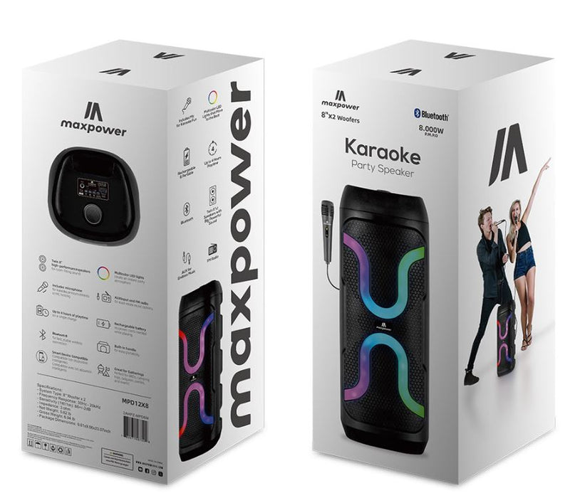 MPD12X8 - 8" X 2 Woofers karaoke bluetooth speakers with mic and different LED light modes