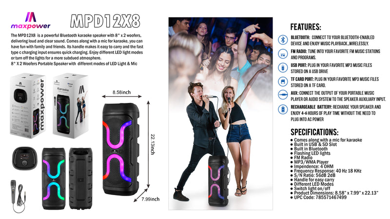 MPD12X8 - 8" X 2 Woofers karaoke bluetooth speakers with mic and different LED light modes