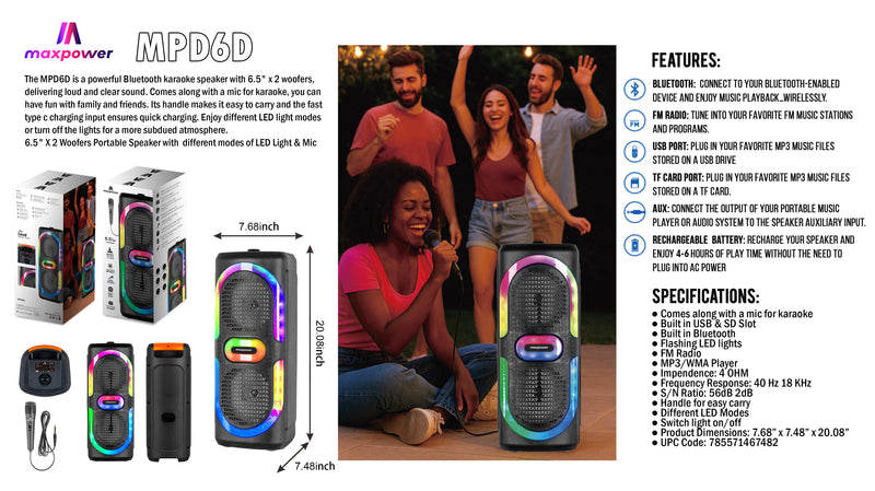MPD6D- MaxPower 6.5" x 2 wooofers karaoke Bluetooth speaker with mic & different LED light modes