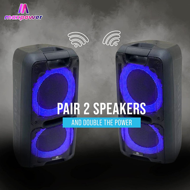 Max Power Karaoke Speaker - UltraBoom-10 MPD109XB Bluetooth Subwoofer with Colorful LED Party Lights - Easy to Carry Portable PA System with Built-in USB & SD Slot, Extra Bass, Wireless Mic & Remote Control