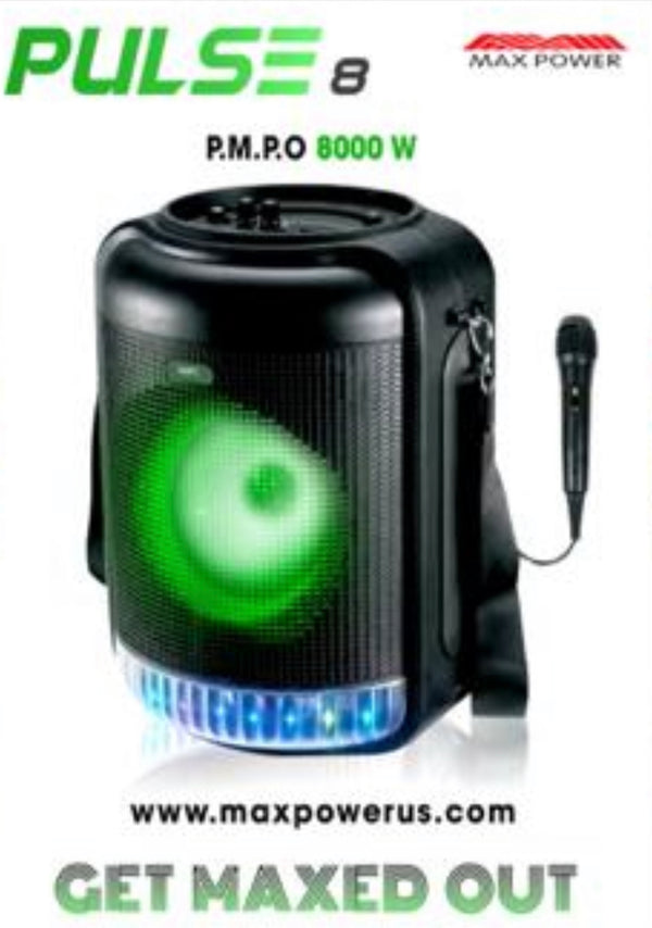 MAX POWER CH8801 PULSE 8 - 8" Woofer portable speaker with mic, remote & shoulder strap