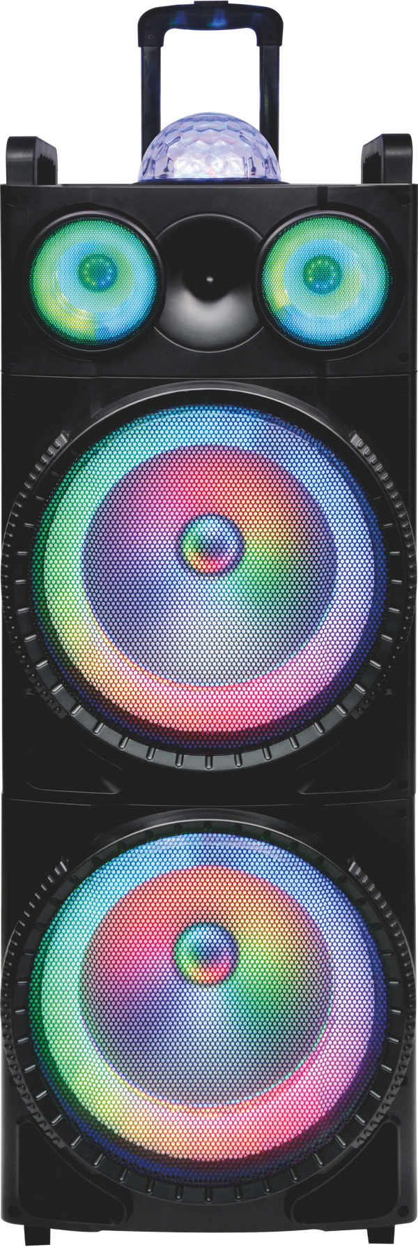 MPD1239B 12" X 2 Karaoke Rechargeable Speaker with dancing lights around the woofer, mic & remote control