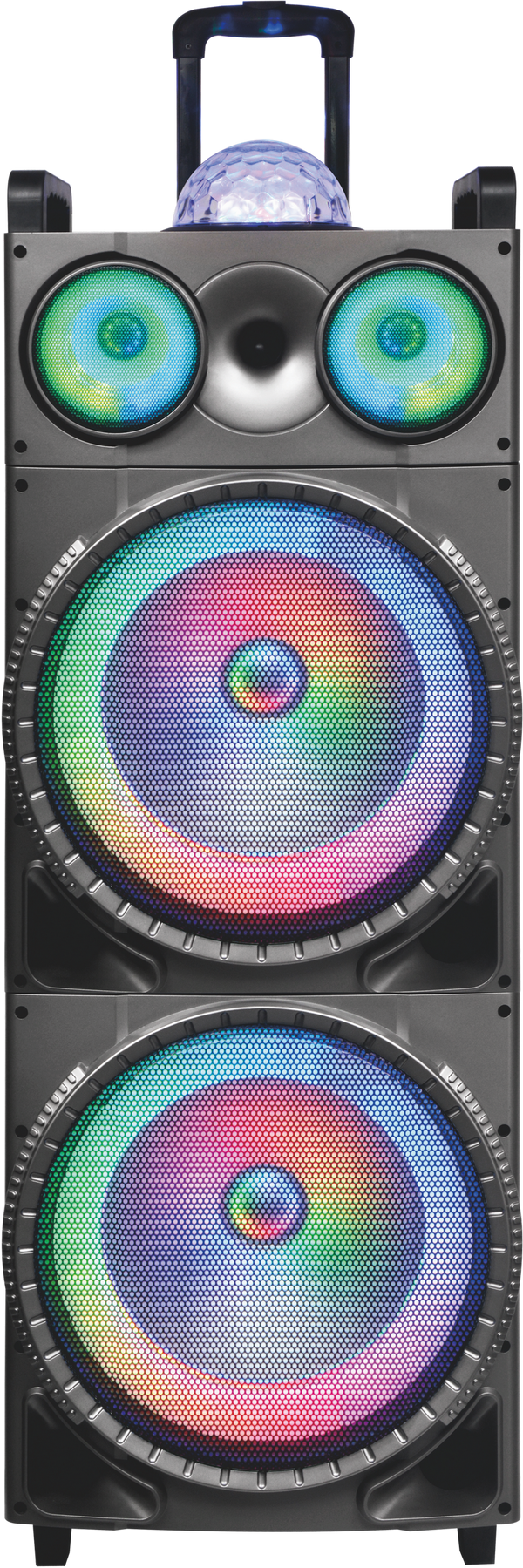 MPD1239B 12" X 2 Karaoke Rechargeable Speaker with dancing lights around the woofer, mic & remote control